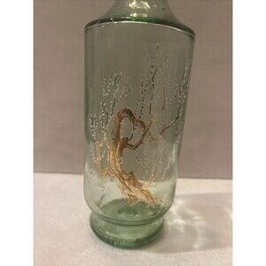 Vintage Green Glass Bottle Decanter Painted White Flowers Tree